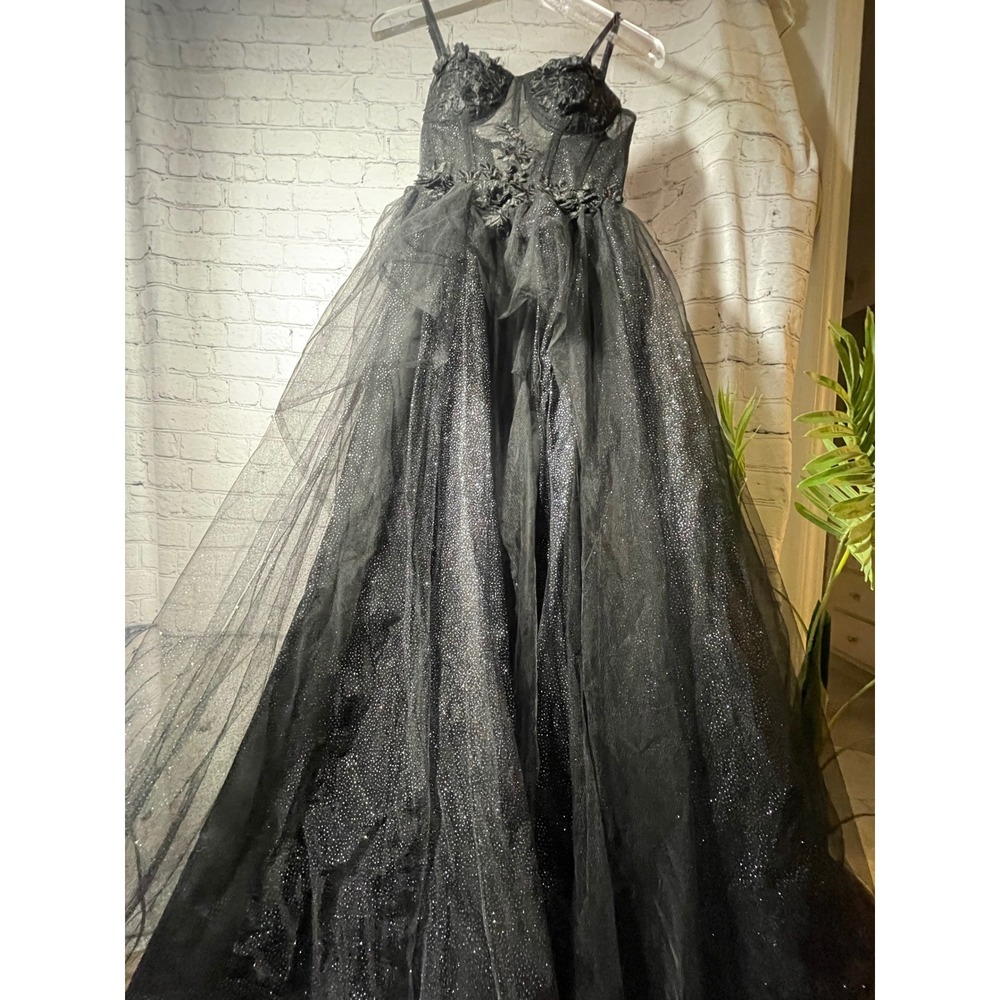 Black Glitter Tulle Gown 3D Floral Corset High Low Prom Formal Dress - Picture 6 of 6